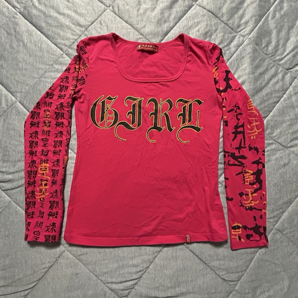 Vintage Y2K City Girl Tattoo Sleeve Graphic Top Hot Pink Grunge Cyber Mallcore M